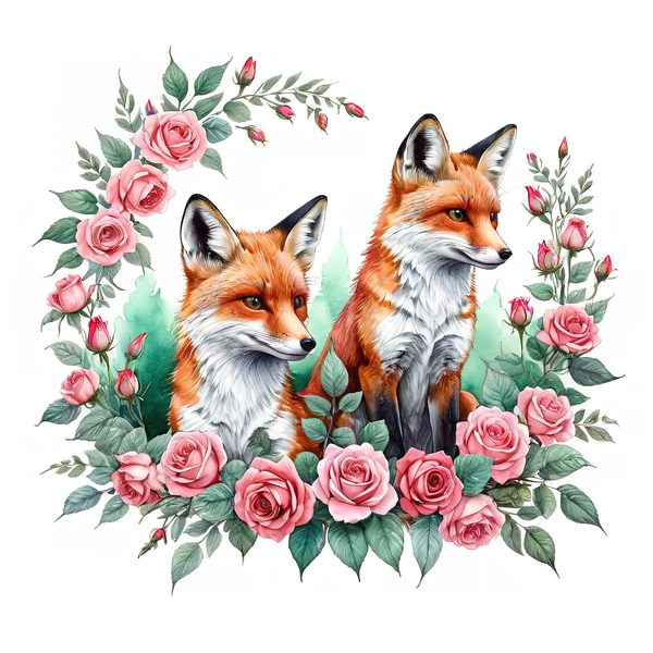 Watercolor Fox Family Clipart: Roses, Coral & Green Tones (PNG JPG, Commercial Use) — image 5