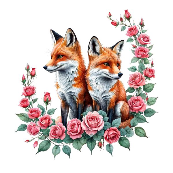 Watercolor Fox Family Clipart: Roses, Coral & Green Tones (PNG JPG, Commercial Use) — image 6