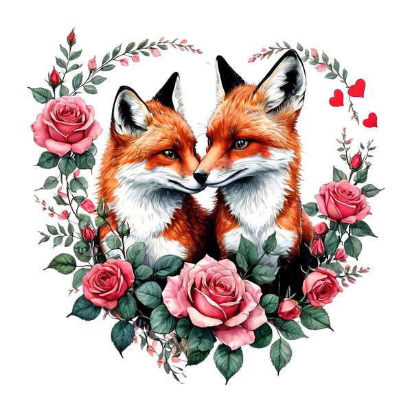 Watercolor Fox Family Clipart: Roses, Coral & Green Tones (PNG JPG, Commercial Use) — image 7