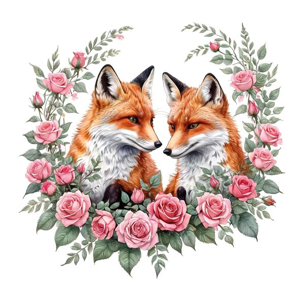 Watercolor Fox Family Clipart: Roses, Coral & Green Tones (PNG JPG, Commercial Use) — image 8
