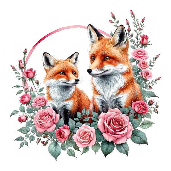Watercolor Fox Family Clipart: Roses, Coral & Green Tones (PNG JPG, Commercial Use) — image 9