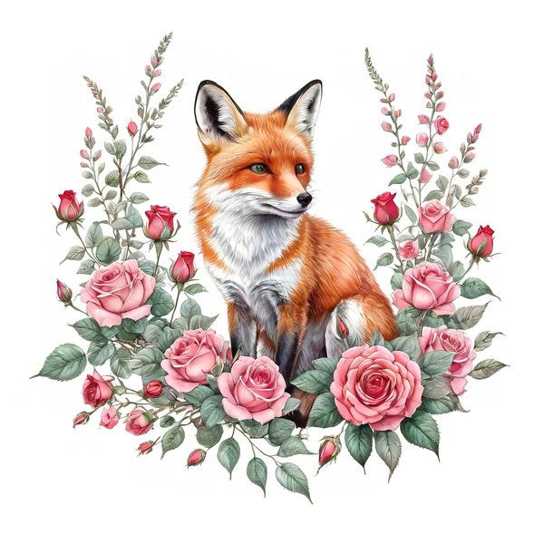 Watercolor Fox Family Clipart: Roses, Coral & Green Tones (PNG JPG, Commercial Use) — image 10