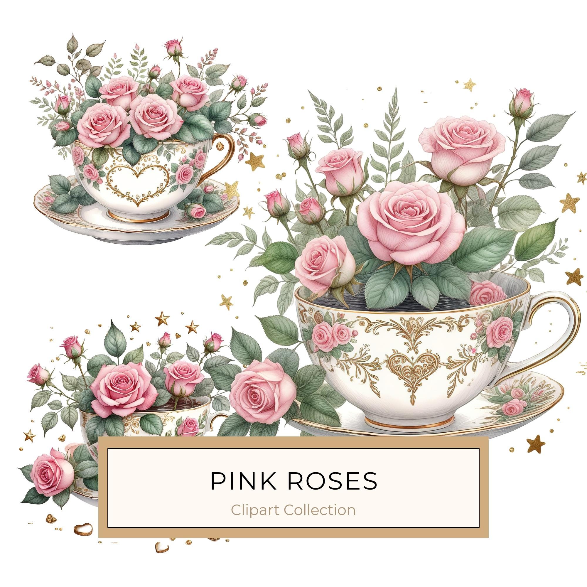 Watercolor Roses in Tea Cup Clipart: Pink & Gold (PNG JPG Digital Download)