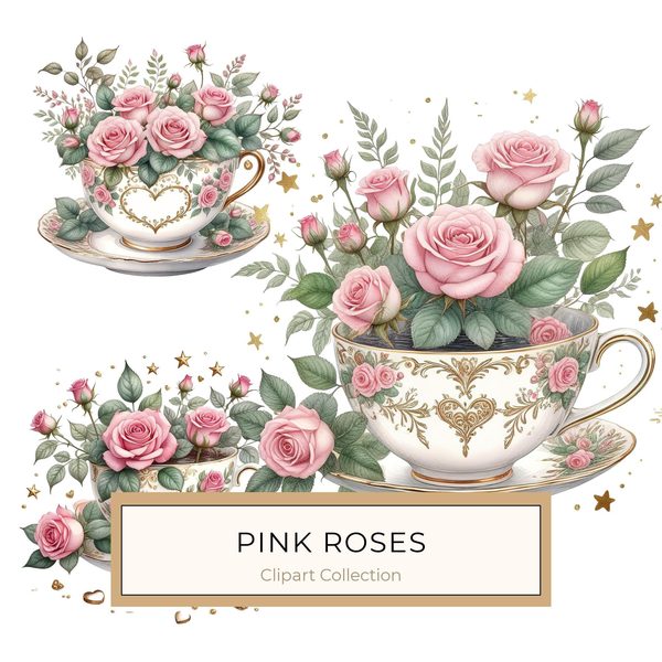 Watercolor Roses in Tea Cup Clipart: Pink & Gold (PNG JPG Digital Download)