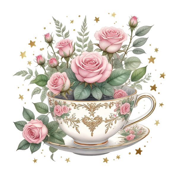 Watercolor Roses in Tea Cup Clipart: Pink & Gold (PNG JPG Digital Download) — image 1