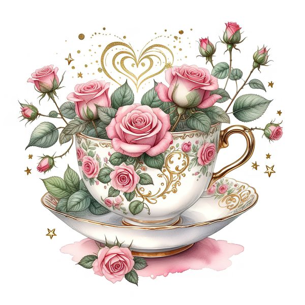 Watercolor Roses in Tea Cup Clipart: Pink & Gold (PNG JPG Digital Download) — image 2