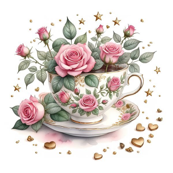 Watercolor Roses in Tea Cup Clipart: Pink & Gold (PNG JPG Digital Download) — image 3