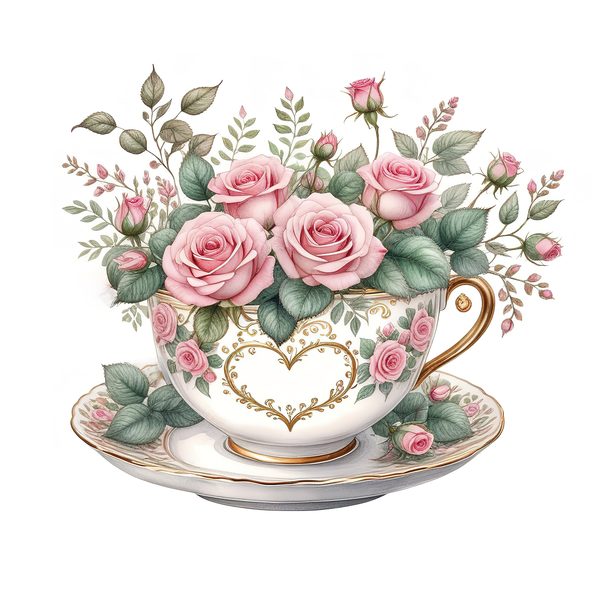 Watercolor Roses in Tea Cup Clipart: Pink & Gold (PNG JPG Digital Download) — image 4