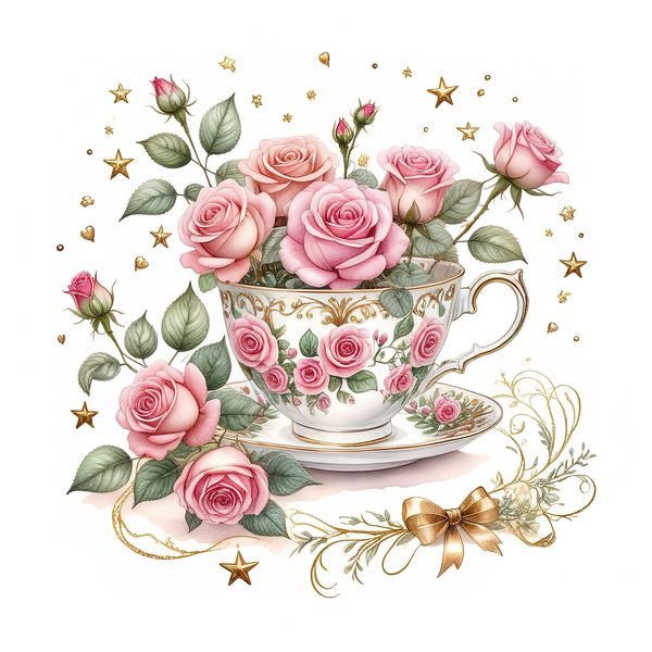 Watercolor Roses in Tea Cup Clipart: Pink & Gold (PNG JPG Digital Download) — image 5