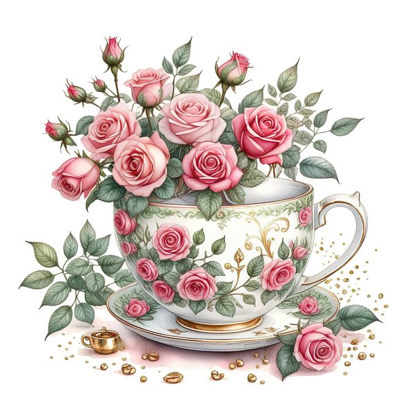 Watercolor Roses in Tea Cup Clipart: Pink & Gold (PNG JPG Digital Download) — image 6