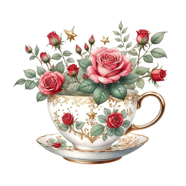 Watercolor Roses in Tea Cup Clipart: Pink & Gold (PNG JPG Digital Download) — image 7