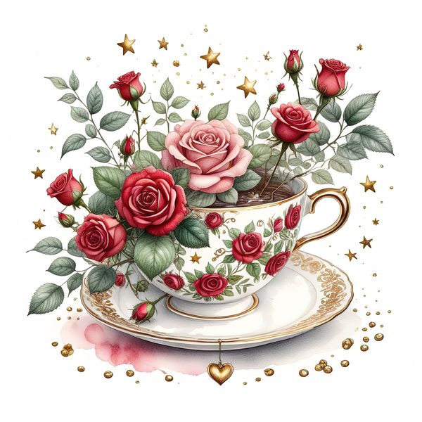 Watercolor Roses in Tea Cup Clipart: Pink & Gold (PNG JPG Digital Download) — image 8