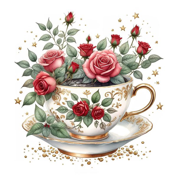 Watercolor Roses in Tea Cup Clipart: Pink & Gold (PNG JPG Digital Download) — image 9