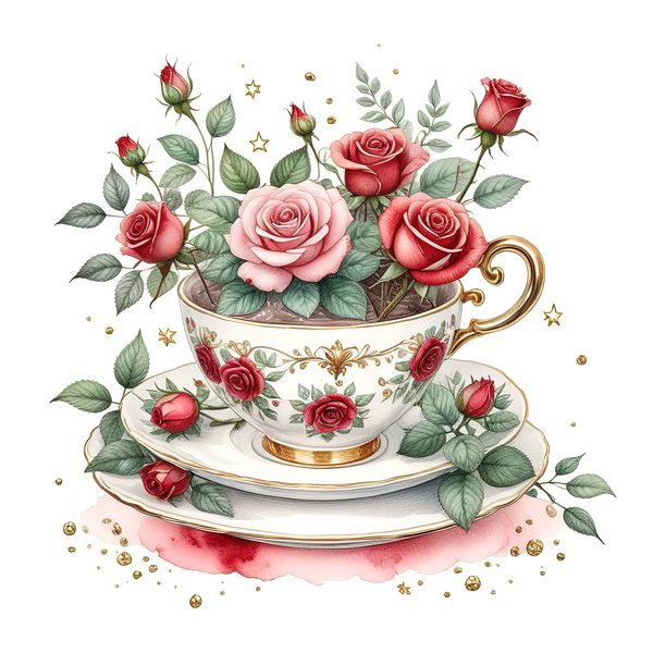 Watercolor Roses in Tea Cup Clipart: Pink & Gold (PNG JPG Digital Download) — image 10