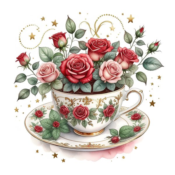 Watercolor Roses in Tea Cup Clipart: Pink & Gold (PNG JPG Digital Download) — image 11