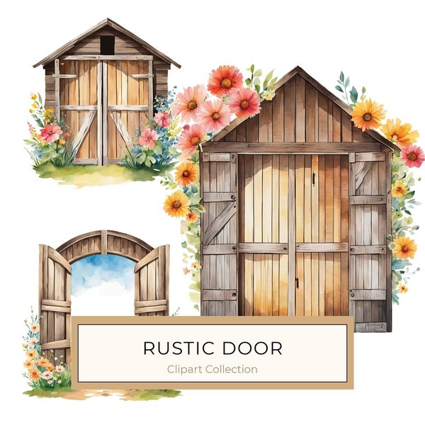 Watercolor Floral Barn Door Clipart: Pastel Rustic JPGs (Digital Download)