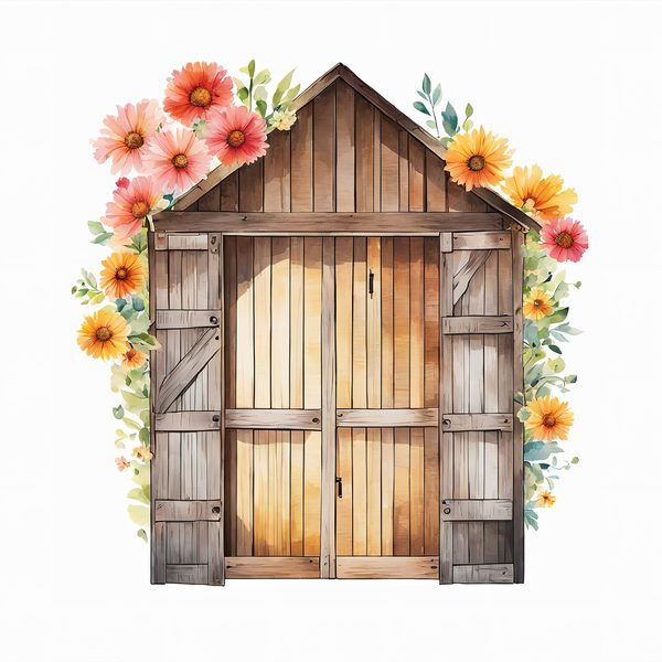 Watercolor Floral Barn Door Clipart: Pastel Rustic JPGs (Digital Download) — image 1
