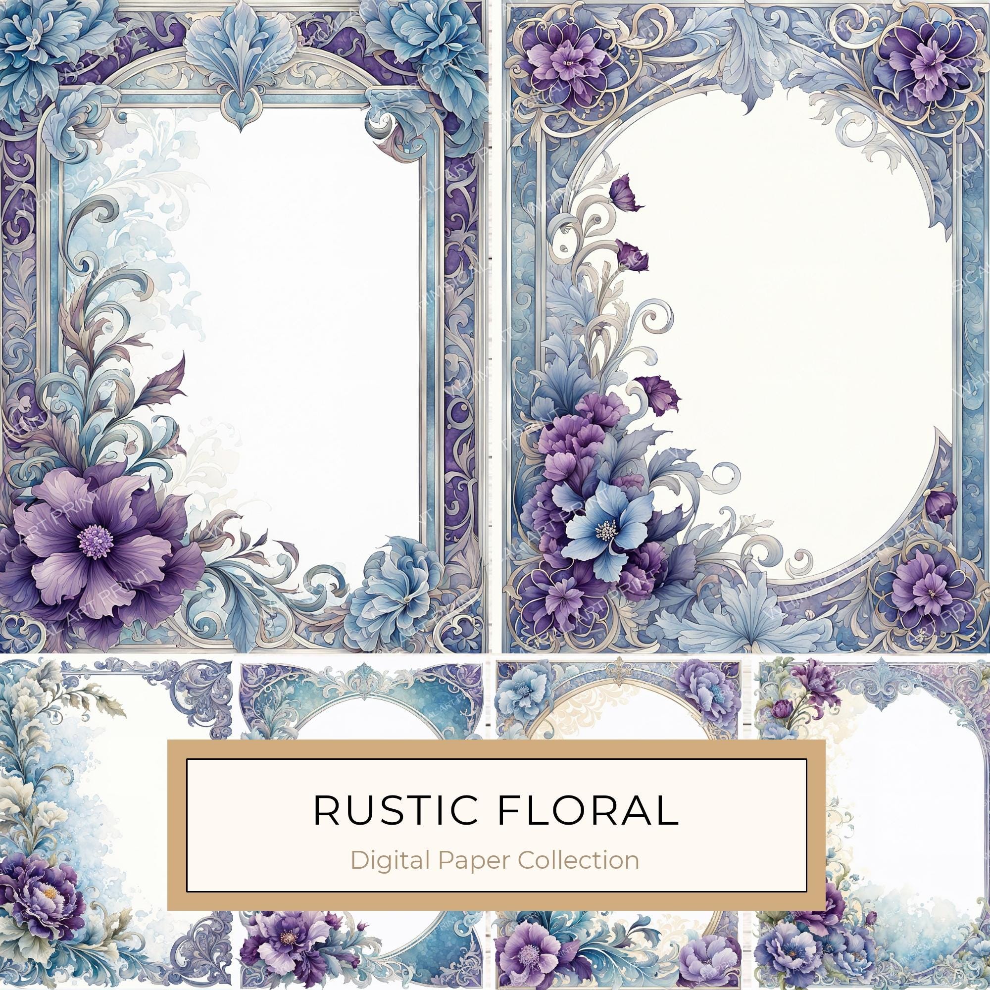 Watercolor Floral Digital Paper: Blue & Purple DIY Crafting (10 JPGs)