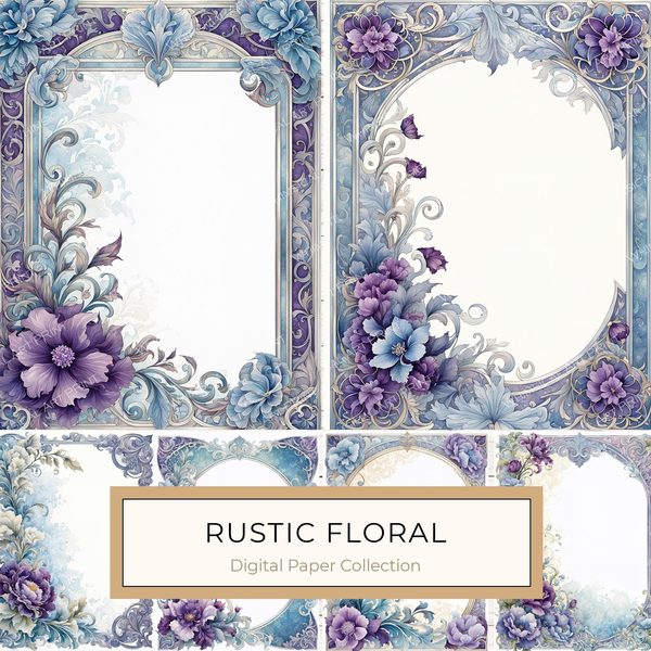 Watercolor Floral Digital Paper: Blue & Purple DIY Crafting (10 JPGs)