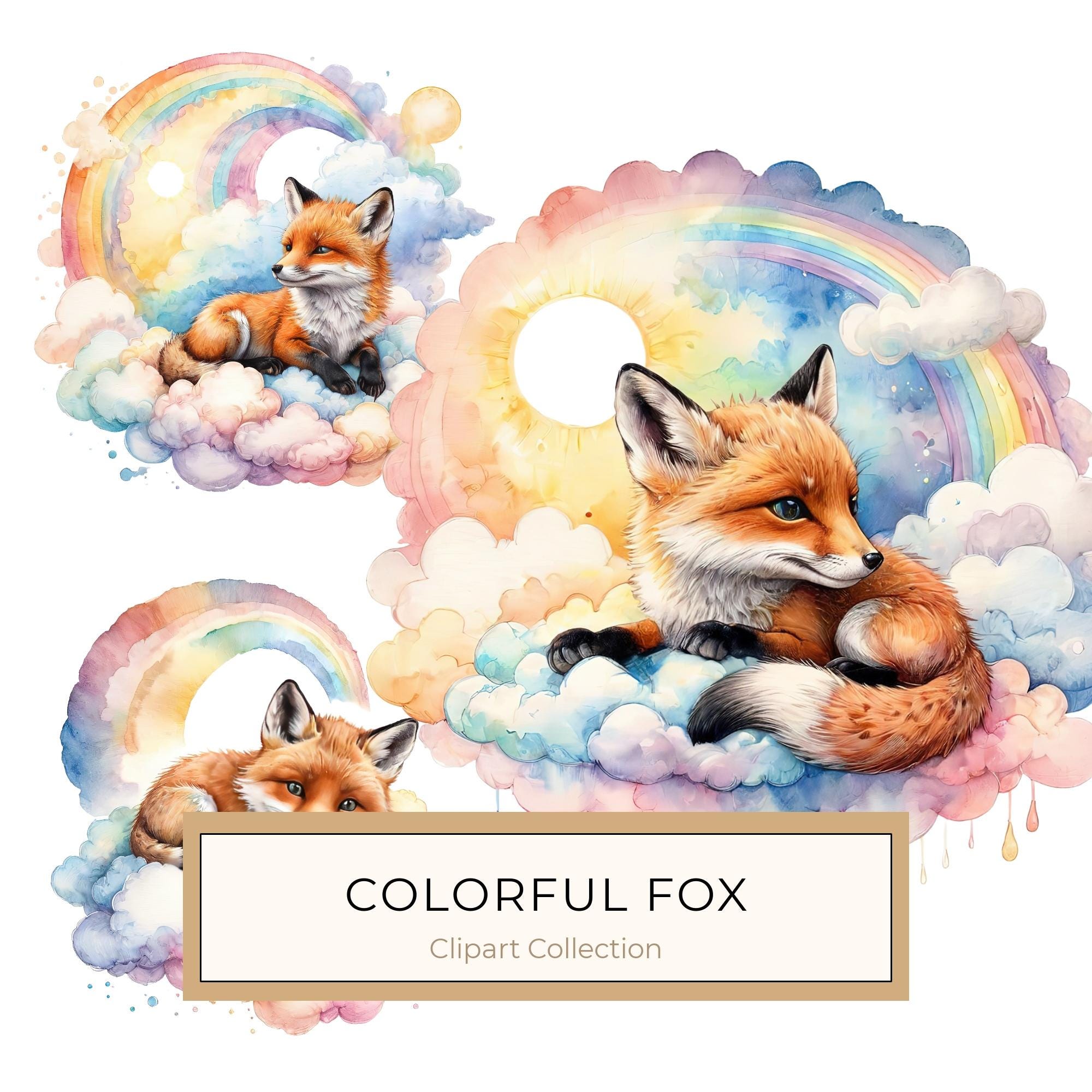 Watercolor Fox Clipart Set: Rainbow Clouds, Soft Pastels (JPG, PNG, Commercial Use)