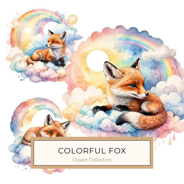 Watercolor Fox Clipart Set: Rainbow Clouds, Soft Pastels (JPG, PNG, Commercial Use)