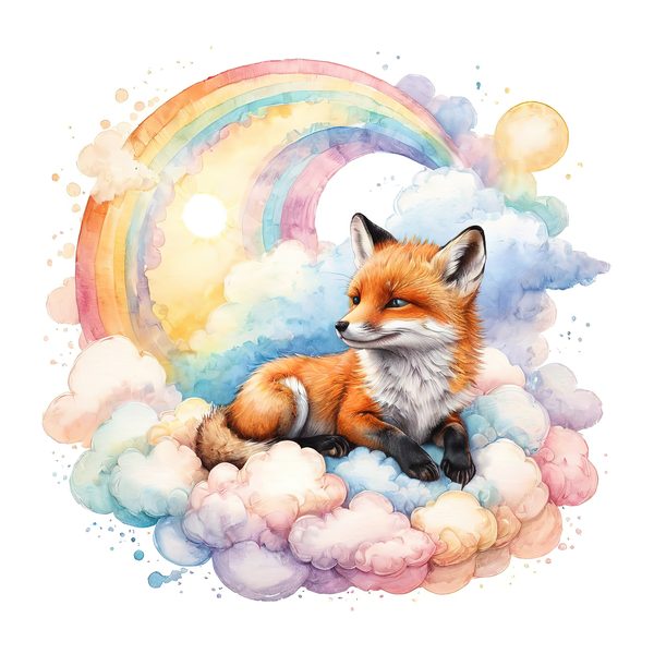 Watercolor Fox Clipart Set: Rainbow Clouds, Soft Pastels (JPG, PNG, Commercial Use) — image 1