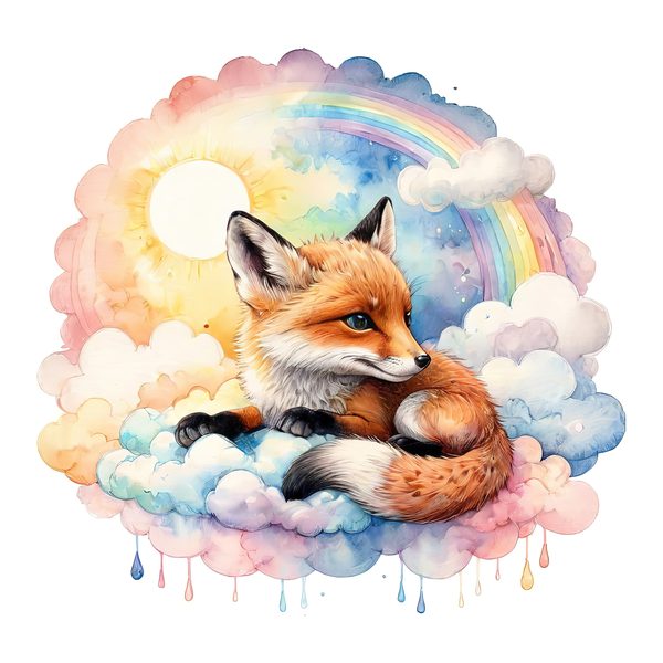 Watercolor Fox Clipart Set: Rainbow Clouds, Soft Pastels (JPG, PNG, Commercial Use) — image 3