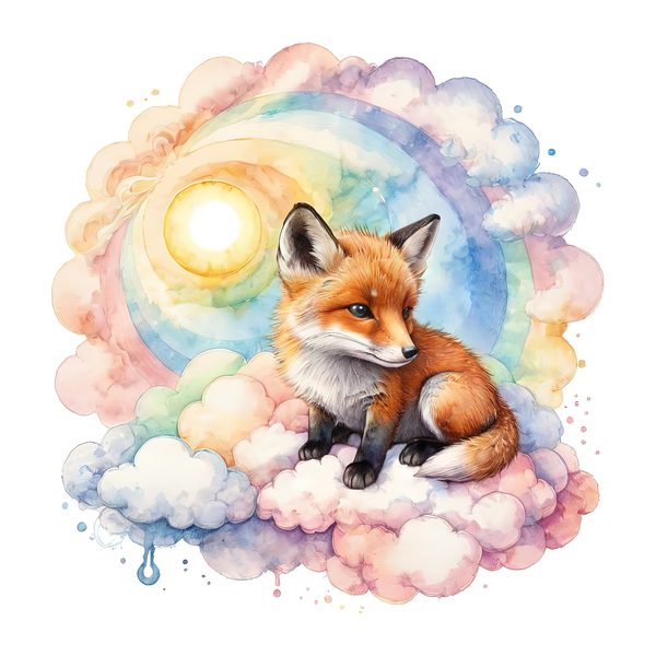 Watercolor Fox Clipart Set: Rainbow Clouds, Soft Pastels (JPG, PNG, Commercial Use) — image 4