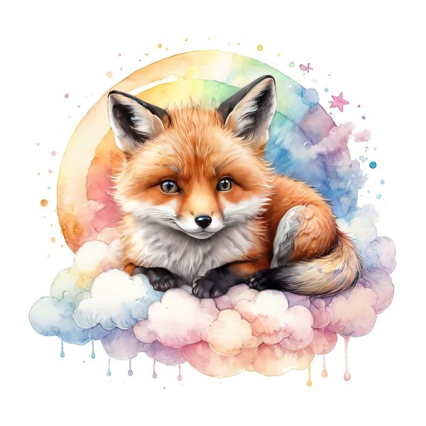 Watercolor Fox Clipart Set: Rainbow Clouds, Soft Pastels (JPG, PNG, Commercial Use) — image 6