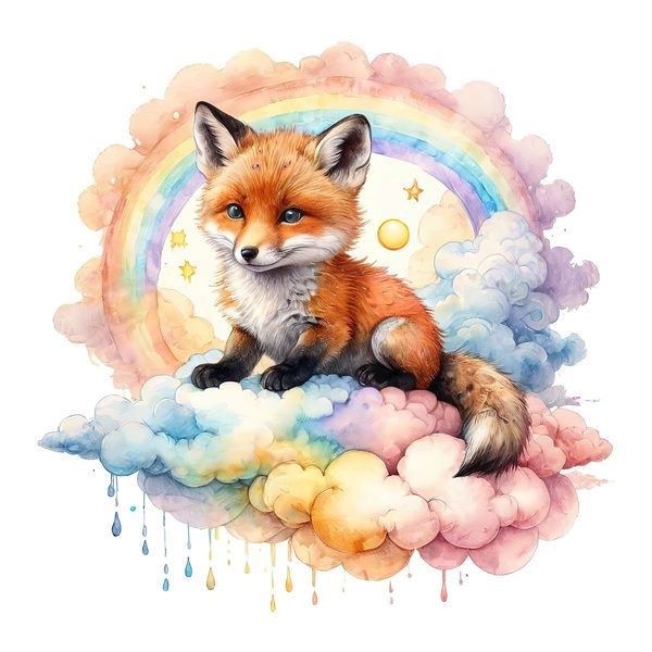 Watercolor Fox Clipart Set: Rainbow Clouds, Soft Pastels (JPG, PNG, Commercial Use) — image 9