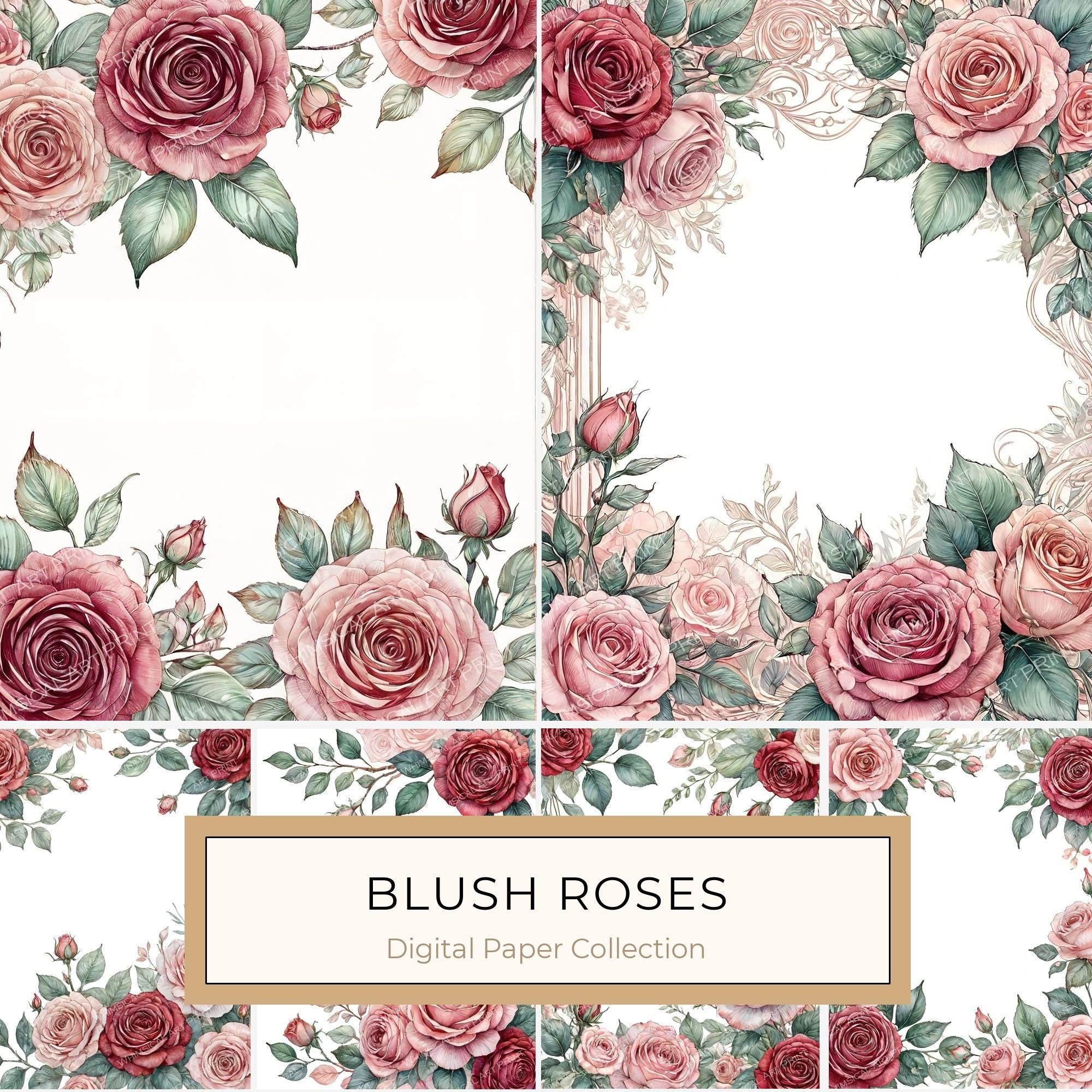 Watercolor Rose Digital Paper Set: Blush & Burgundy Floral PNGs (Commercial Use)