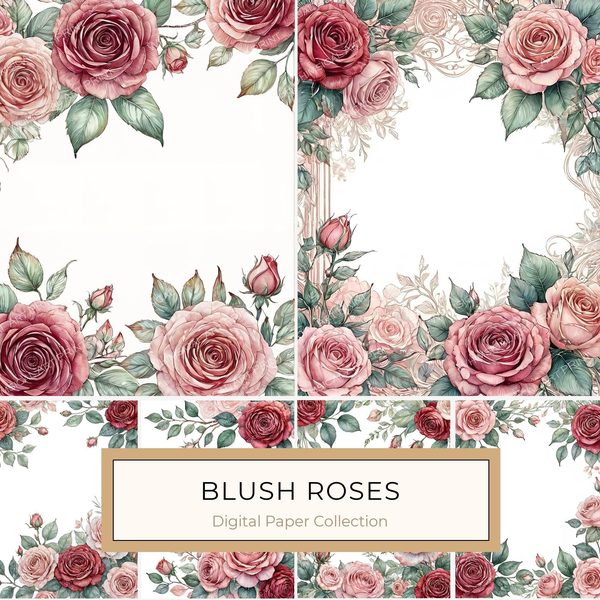 Watercolor Rose Digital Paper Set: Blush & Burgundy Floral PNGs (Commercial Use)