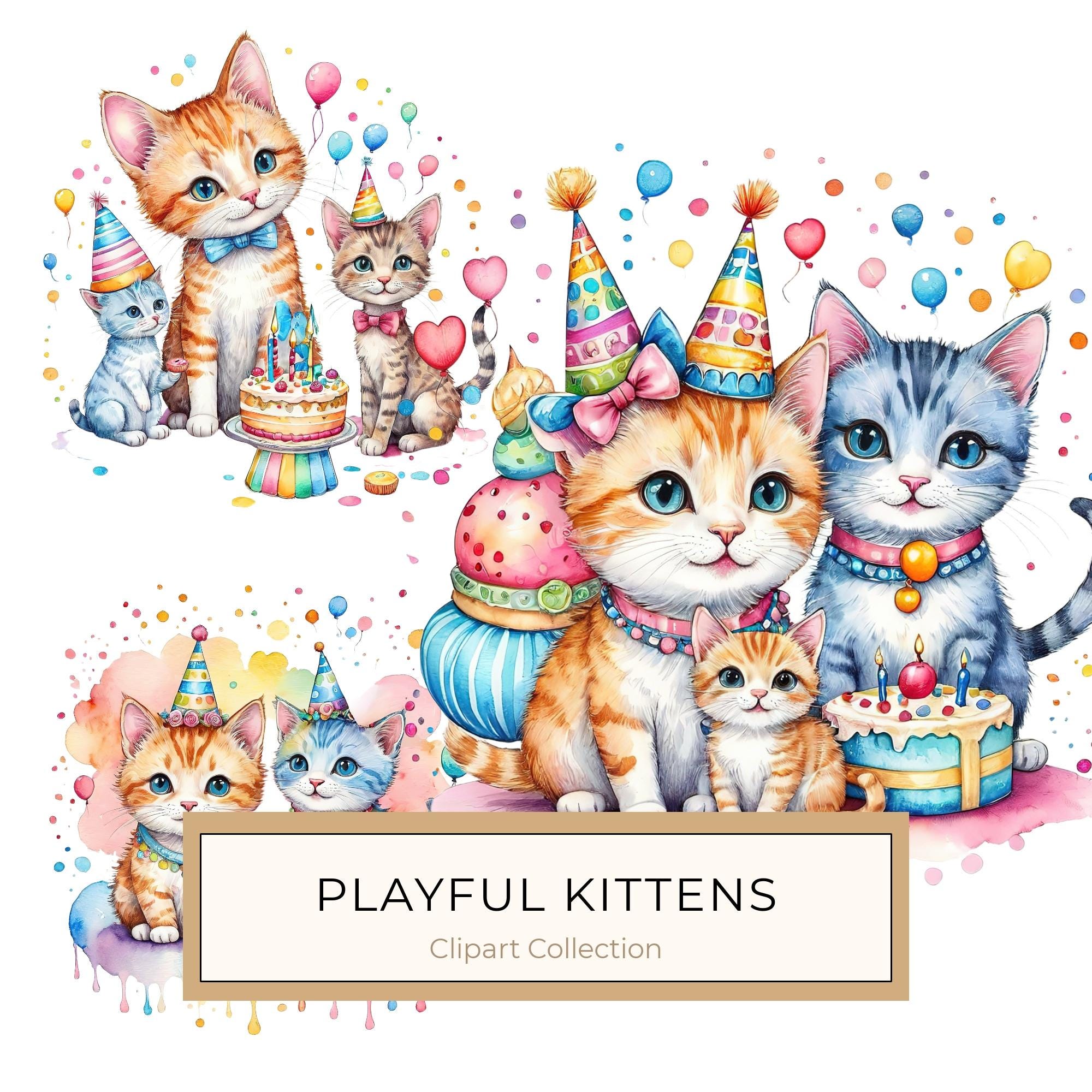 Watercolor Birthday Kittens Clip Art: Pastel & Bright PNG JPGs (Digital Download)