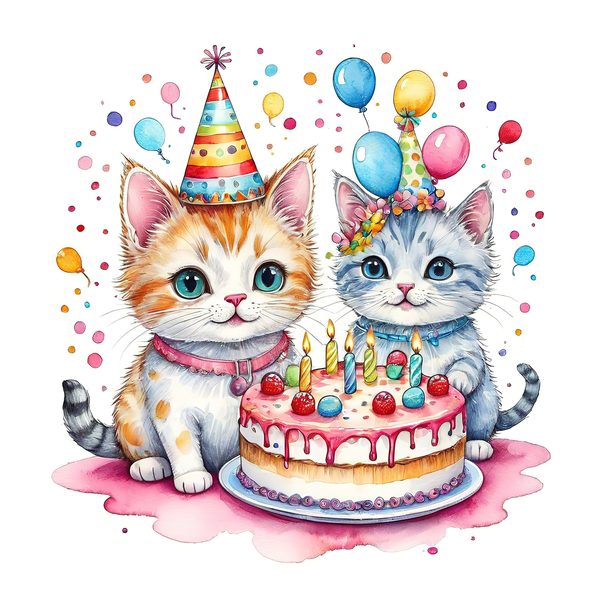 Watercolor Birthday Kittens Clip Art: Pastel & Bright PNG JPGs (Digital Download) — image 1