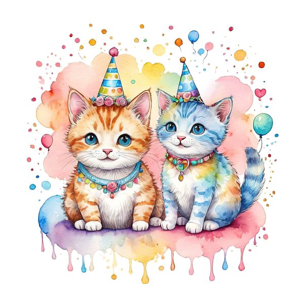 Watercolor Birthday Kittens Clip Art: Pastel & Bright PNG JPGs (Digital Download) — image 2