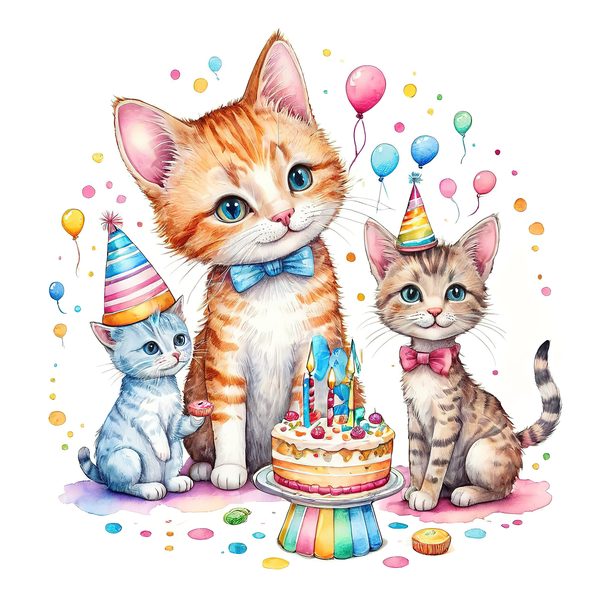Watercolor Birthday Kittens Clip Art: Pastel & Bright PNG JPGs (Digital Download) — image 3