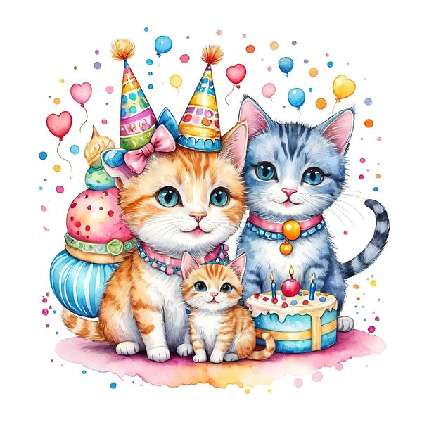 Watercolor Birthday Kittens Clip Art: Pastel & Bright PNG JPGs (Digital Download) — image 4