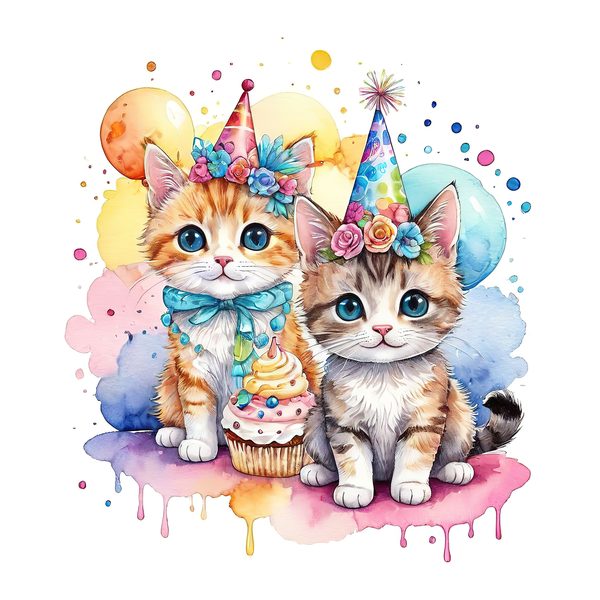 Watercolor Birthday Kittens Clip Art: Pastel & Bright PNG JPGs (Digital Download) — image 5
