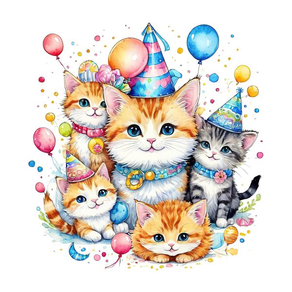 Watercolor Birthday Kittens Clip Art: Pastel & Bright PNG JPGs (Digital Download) — image 6