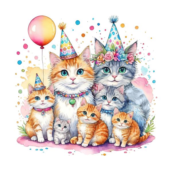 Watercolor Birthday Kittens Clip Art: Pastel & Bright PNG JPGs (Digital Download) — image 7