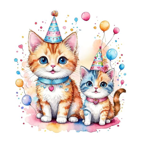 Watercolor Birthday Kittens Clip Art: Pastel & Bright PNG JPGs (Digital Download) — image 8