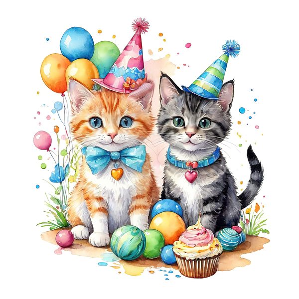 Watercolor Birthday Kittens Clip Art: Pastel & Bright PNG JPGs (Digital Download) — image 9