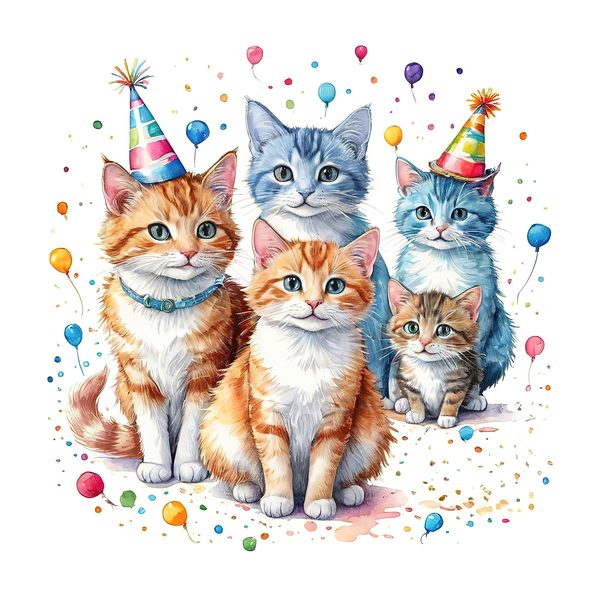 Watercolor Birthday Kittens Clip Art: Pastel & Bright PNG JPGs (Digital Download) — image 10