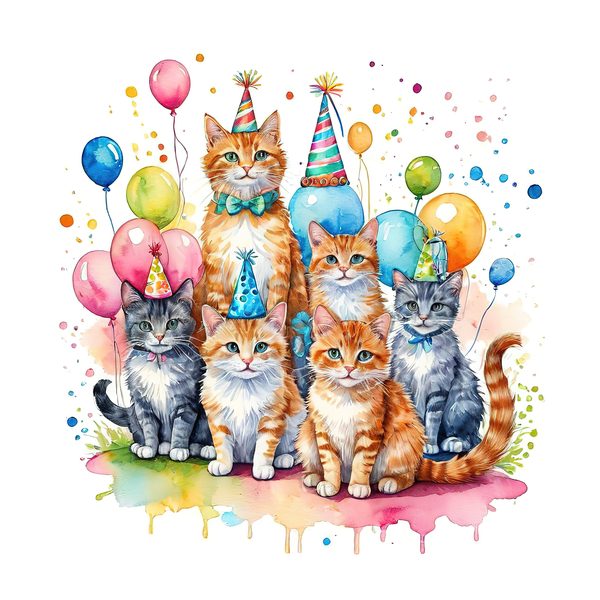 Watercolor Birthday Kittens Clip Art: Pastel & Bright PNG JPGs (Digital Download) — image 11
