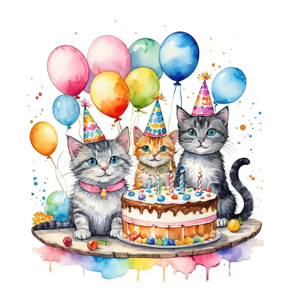 Watercolor Birthday Kittens Clip Art: Pastel & Bright PNG JPGs (Digital Download) — image 12