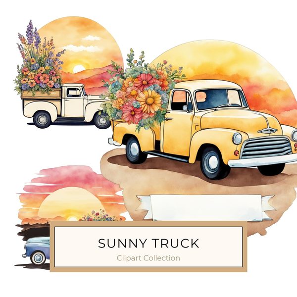 Watercolor Vintage Truck Floral Clipart: Yellow & Earthy PNG JPG Set