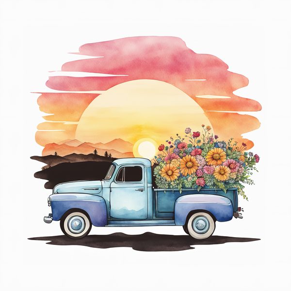 Watercolor Vintage Truck Floral Clipart: Yellow & Earthy PNG JPG Set — image 1