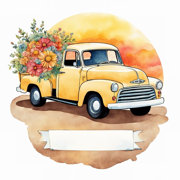 Watercolor Vintage Truck Floral Clipart: Yellow & Earthy PNG JPG Set — image 2