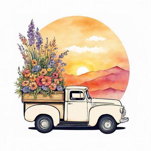 Watercolor Vintage Truck Floral Clipart: Yellow & Earthy PNG JPG Set — image 3