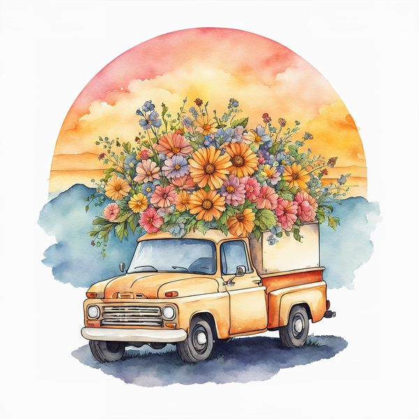 Watercolor Vintage Truck Floral Clipart: Yellow & Earthy PNG JPG Set — image 4